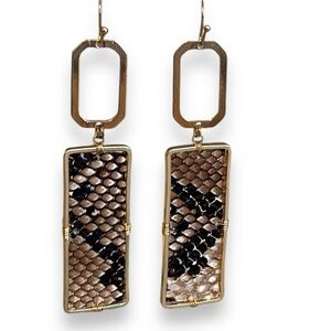 Caroline Hill Dangly Earrings Snakeskin Print Geometric Gold Tone New